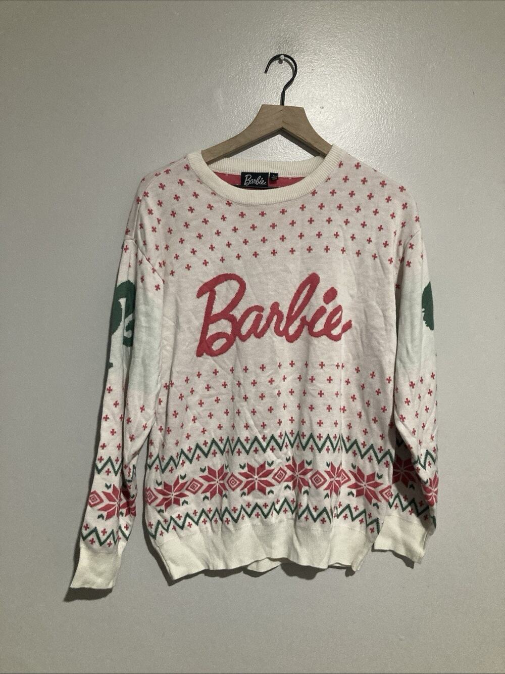 Barbie White Pink Green Ponytail Pullover Snowflake Winter Sweater Size Large